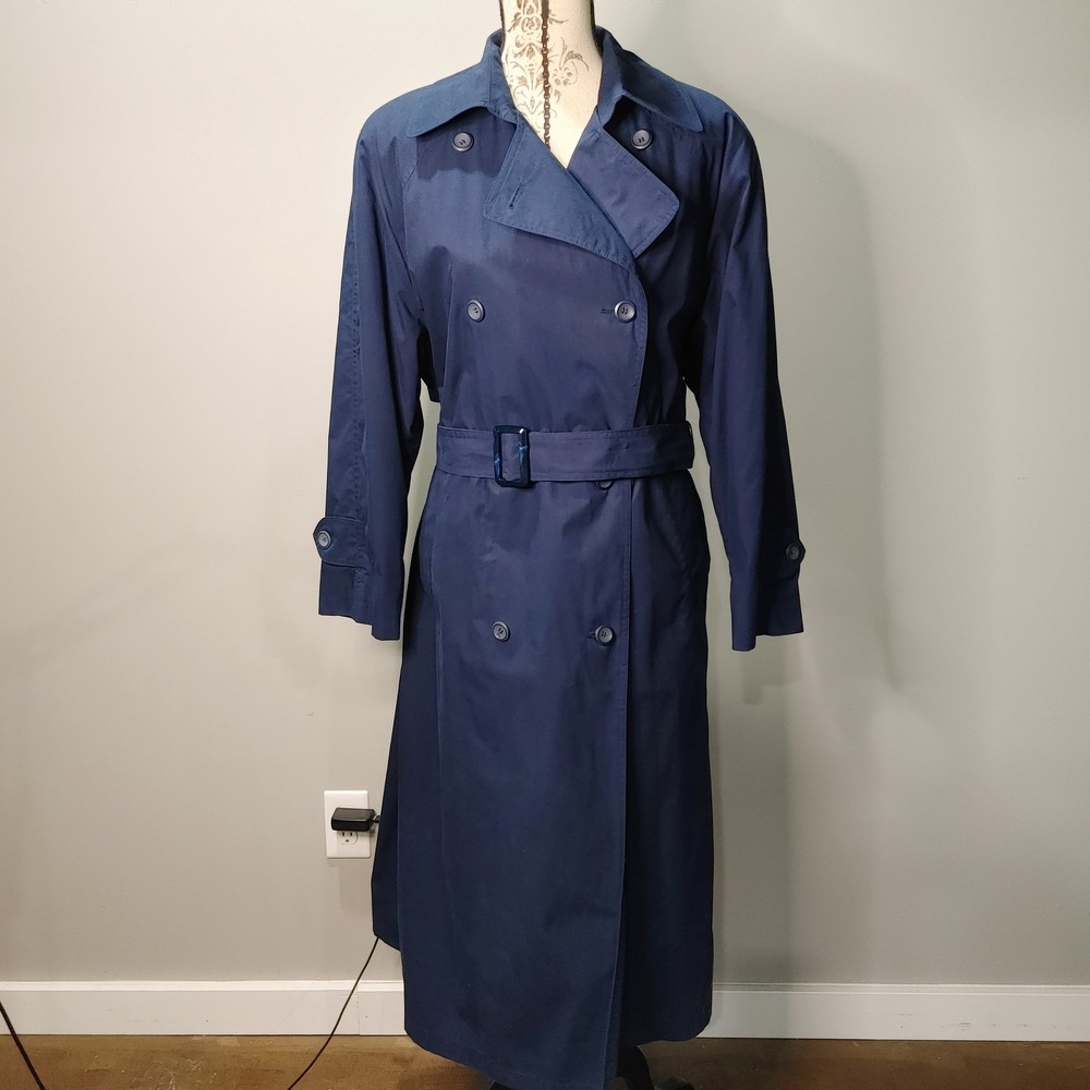 London Fog Womens Dark Academia Navy Blue Double Breasted Trench Coat Size 8P